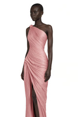 Meissa Pink Asymmetrical Ruched Maxi Dress