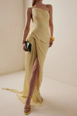 Meissa Yellow Asymmetrical Ruched Maxi Dress