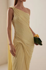 Meissa Yellow Asymmetrical Ruched Maxi Dress