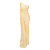 Meissa Yellow Asymmetrical Ruched Maxi Dress