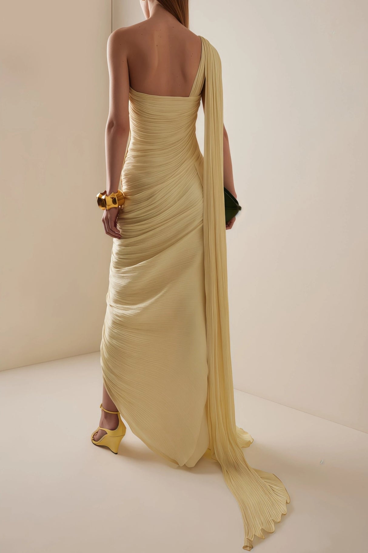 Meissa Yellow Asymmetrical Ruched Maxi Dress
