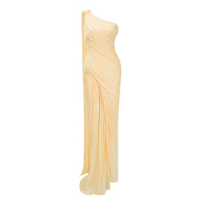 Meissa Yellow Asymmetrical Ruched Maxi Dress