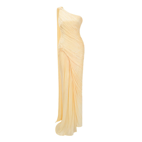Meissa Yellow Asymmetrical Ruched Maxi Dress