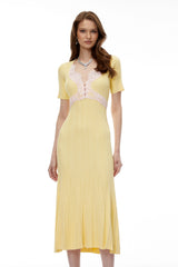 Meleager Yellow Plunge Neck Lace Midi Dress