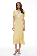 Meleager Yellow Plunge Neck Lace Midi Dress