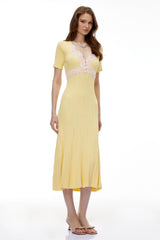 Meleager Yellow Plunge Neck Lace Midi Dress