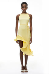 Meliora Yellow Asymmetrical Ruffled Midi Dress