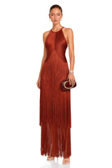 Mélisande Rusty Red Halterneck Fringed Maxi Gown