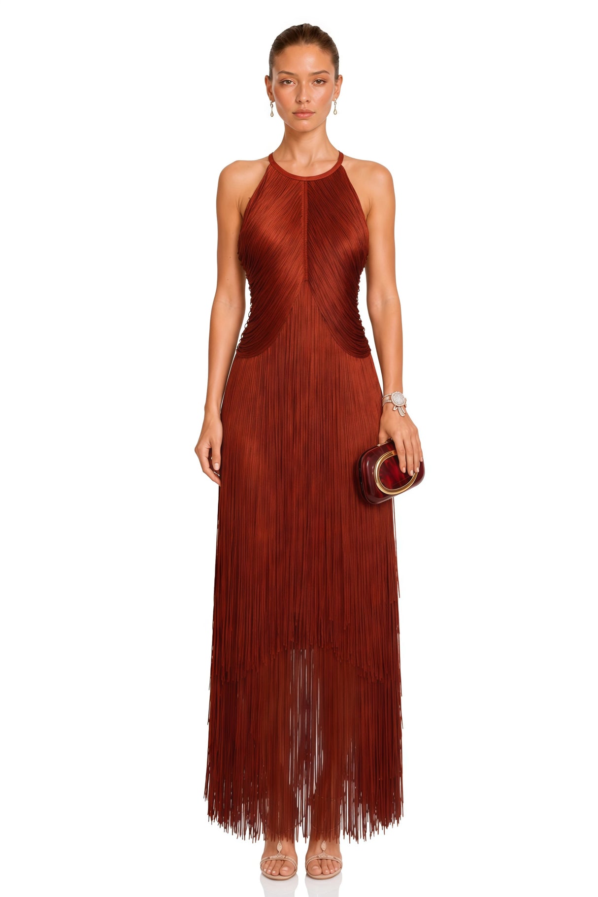Mélisande Rusty Red Halterneck Fringed Maxi Gown