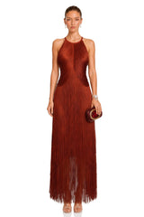 Mélisande Rusty Red Halterneck Fringed Maxi Gown