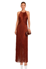 Mélisande Rusty Red Halterneck Fringed Maxi Gown
