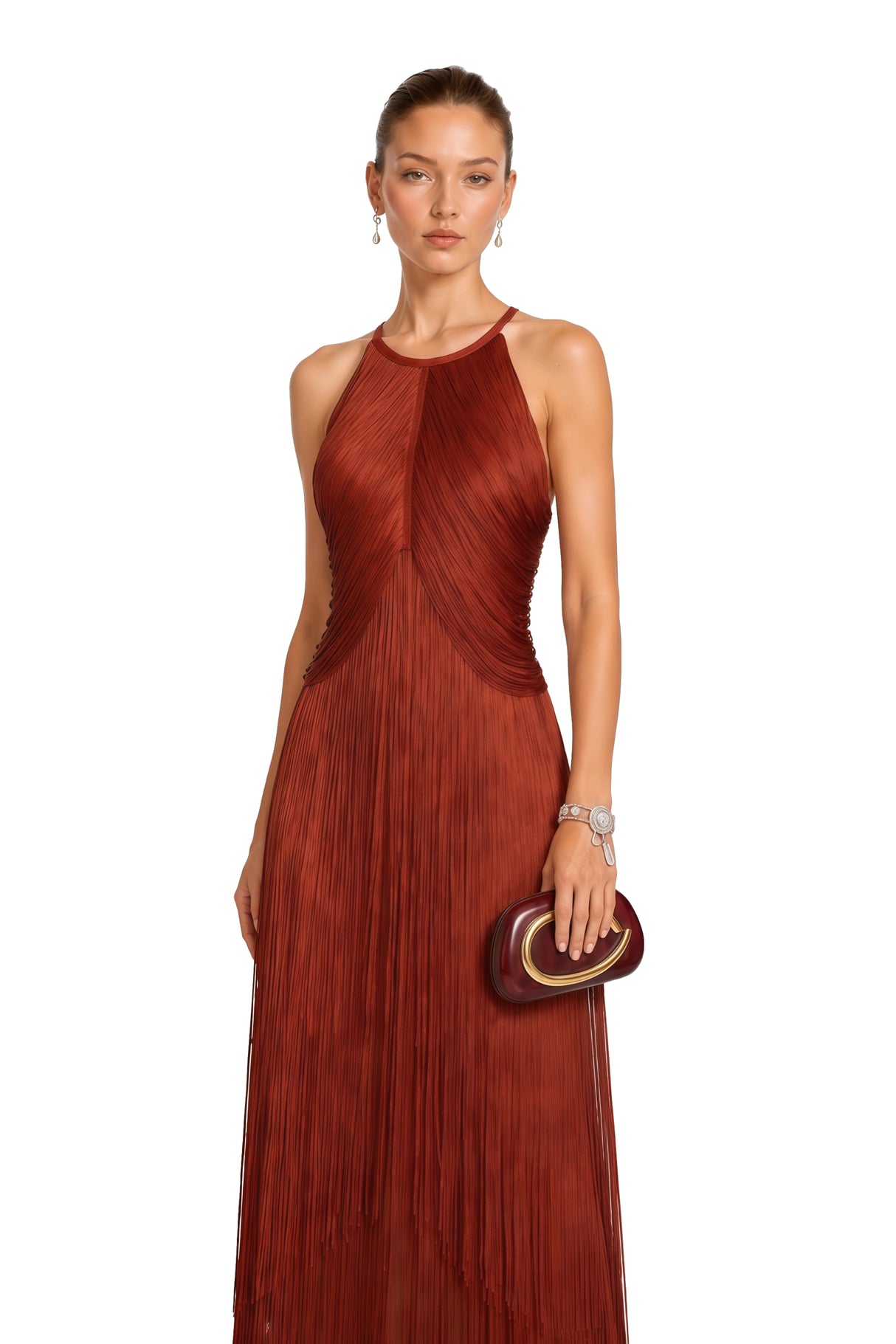 Mélisande Rusty Red Halterneck Fringed Maxi Gown