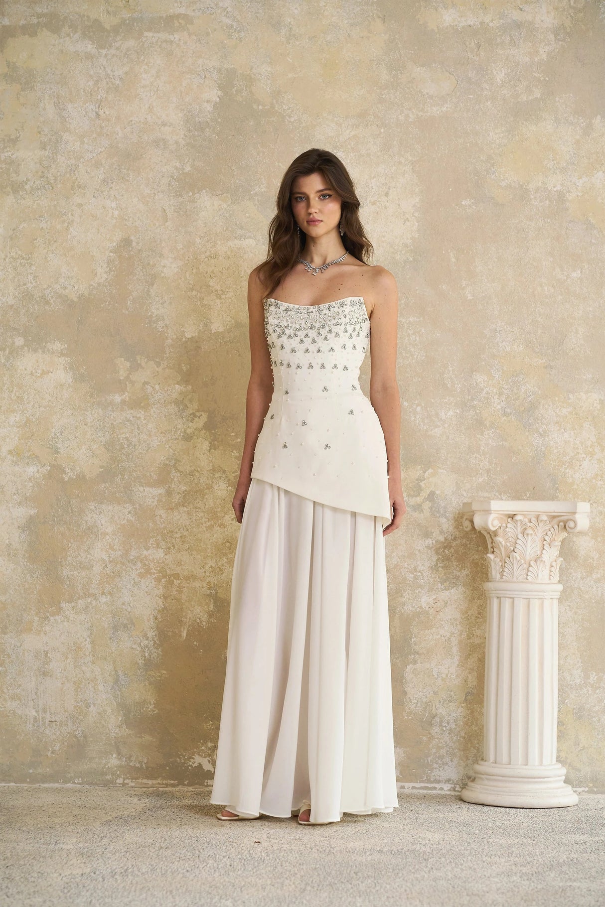 Melisande White Embellished Dress  Skirt Set