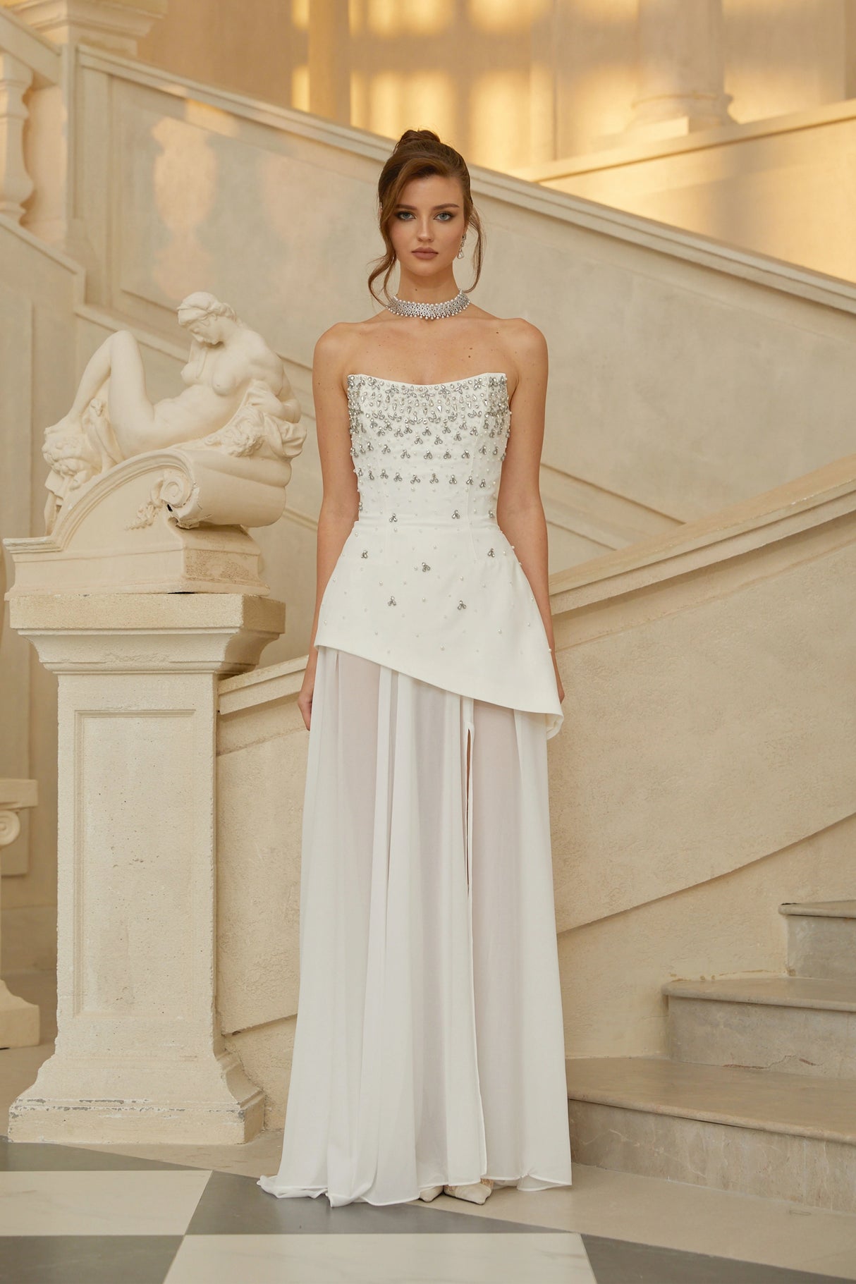 Melisande White Embellished Dress  Skirt Set