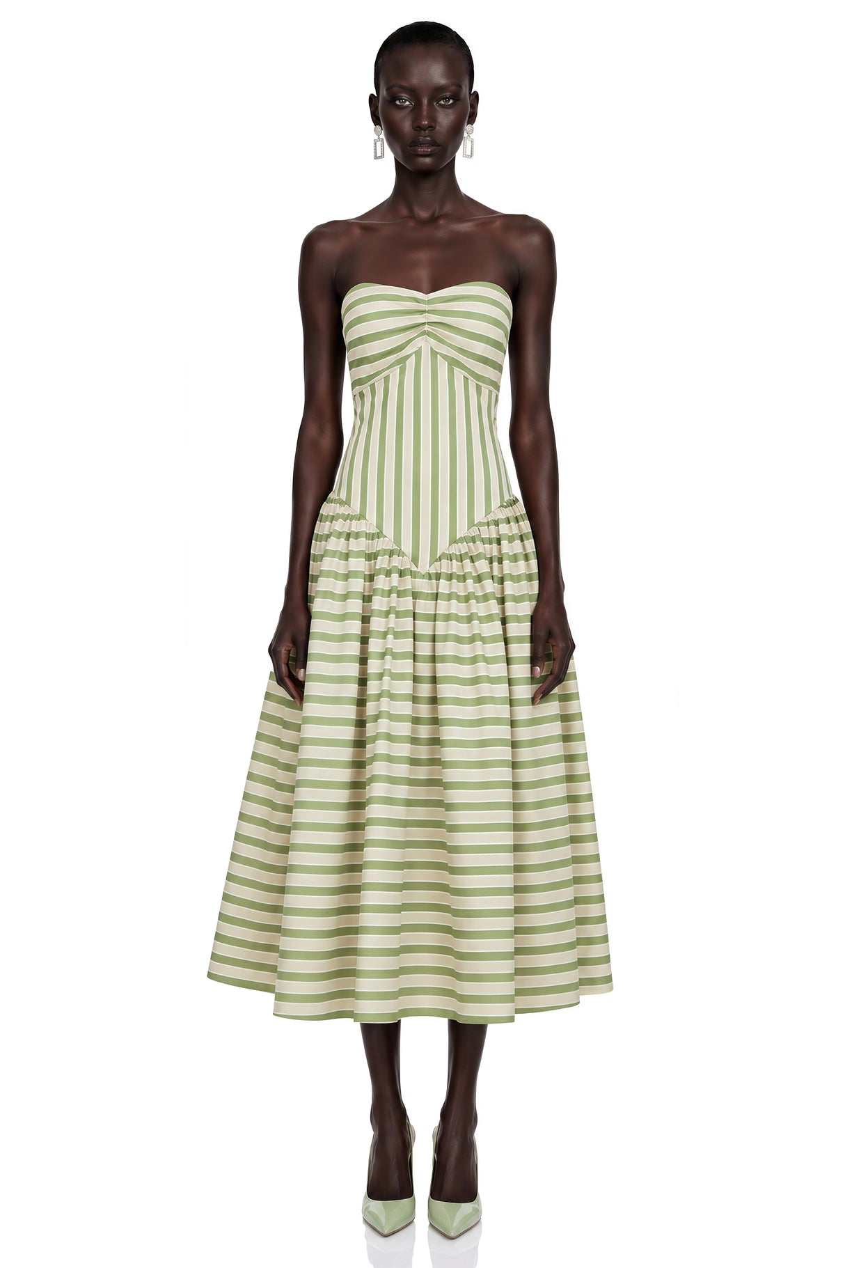 Melissa Emerald Green Sweetheart Midi Dress with Horizontal Stripes