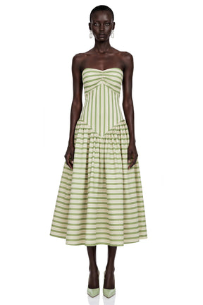 Melissa Emerald Green Sweetheart Midi Dress with Horizontal Stripes
