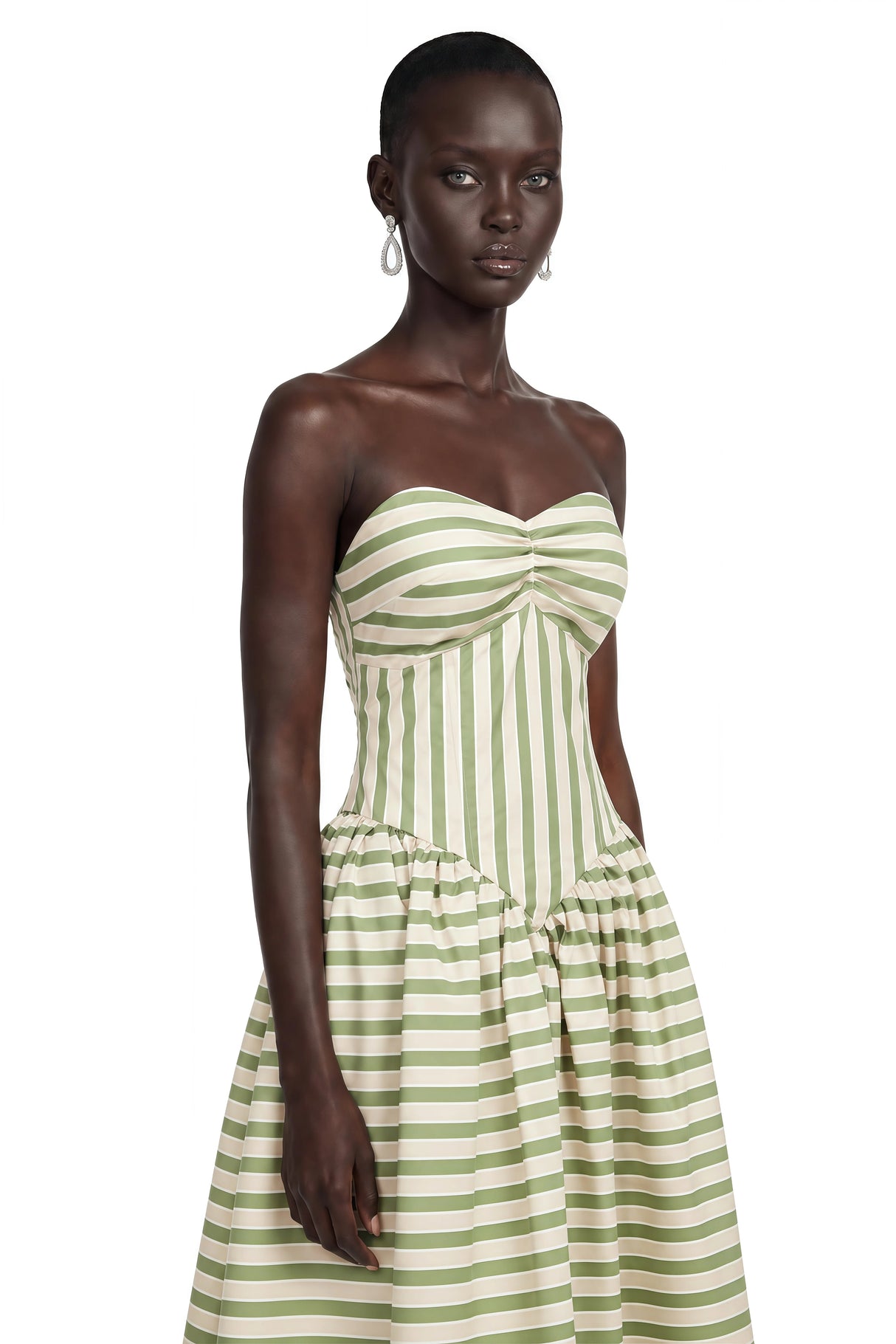 Melissa Emerald Green Sweetheart Midi Dress with Horizontal Stripes
