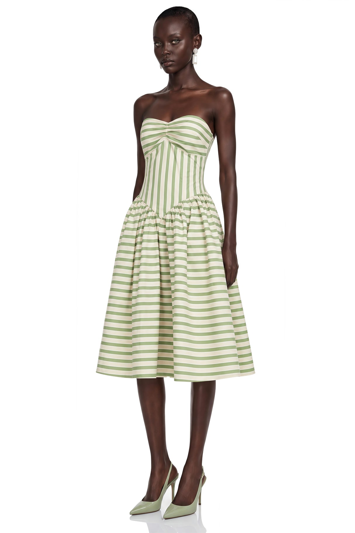 Melissa Emerald Green Sweetheart Midi Dress with Horizontal Stripes