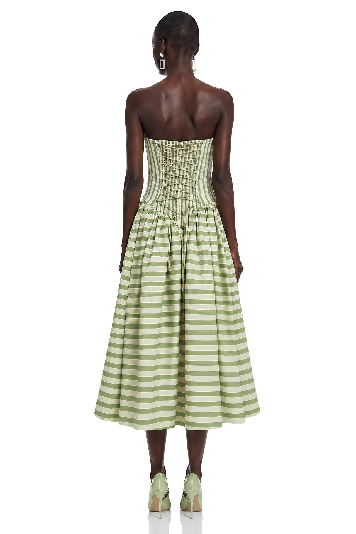 Melissa Emerald Green Sweetheart Midi Dress with Horizontal Stripes