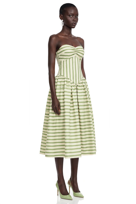 Melissa Emerald Green Sweetheart Midi Dress with Horizontal Stripes