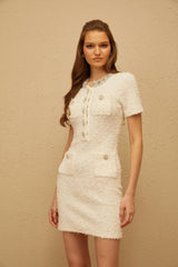 Mélodie White Embellished Furry Knit Mini Dress