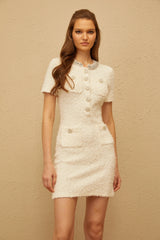 Mélodie White Embellished Furry Knit Mini Dress