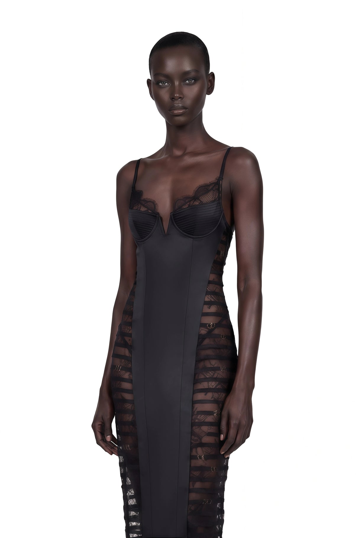 Melora Black Floral Lace SemiSheer Midi Dress