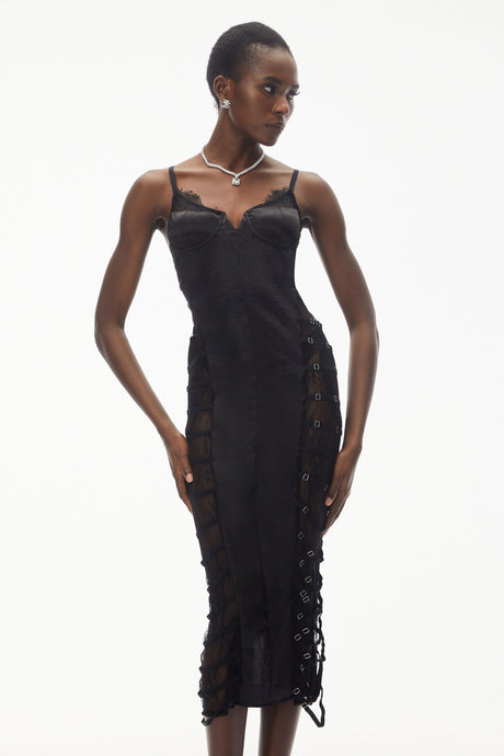 Melora Black Floral Lace SemiSheer Midi Dress