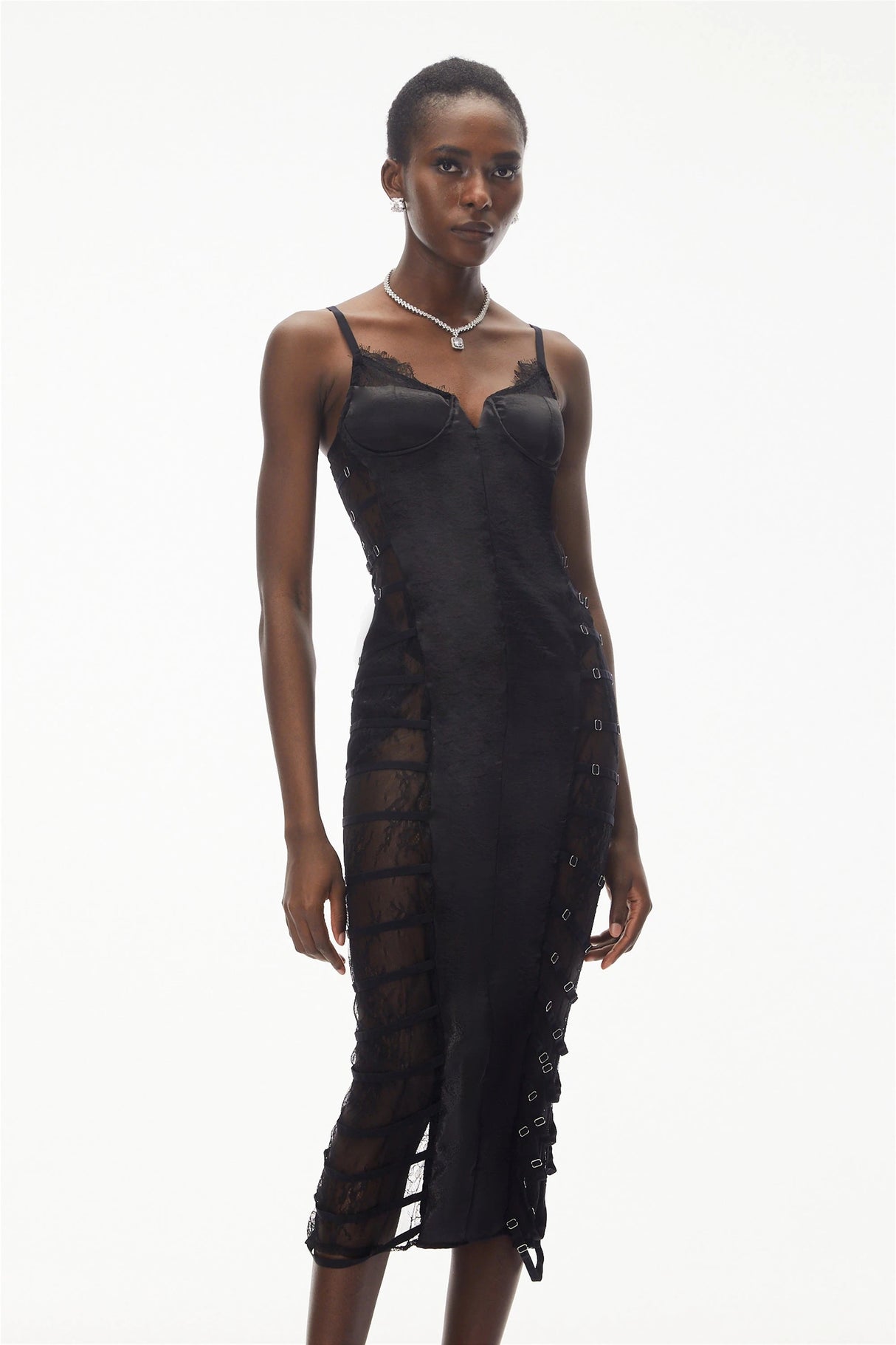 Melora Black Floral Lace SemiSheer Midi Dress