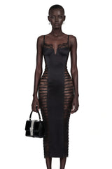 Melora Black Floral Lace SemiSheer Midi Dress