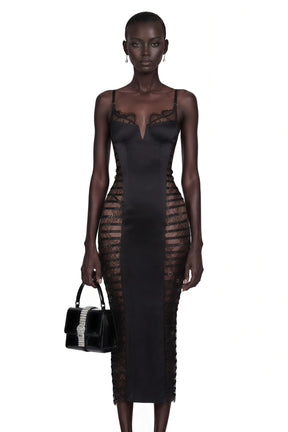 Melora Black Floral Lace SemiSheer Midi Dress
