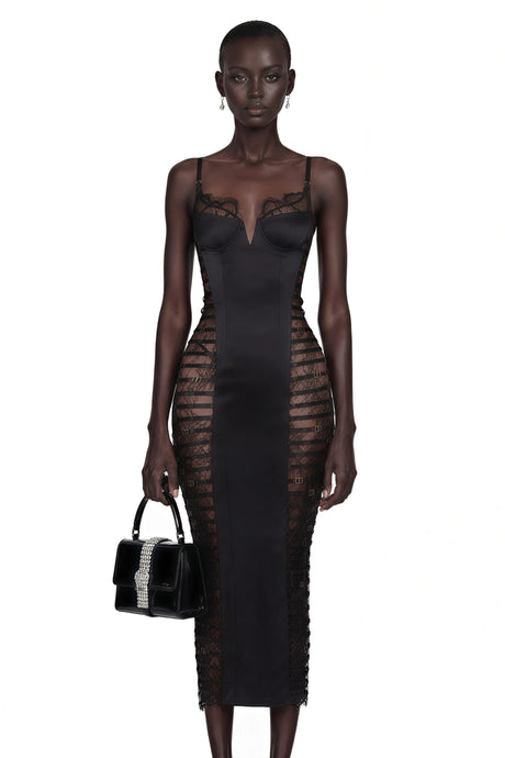 Melora Black Floral Lace SemiSheer Midi Dress