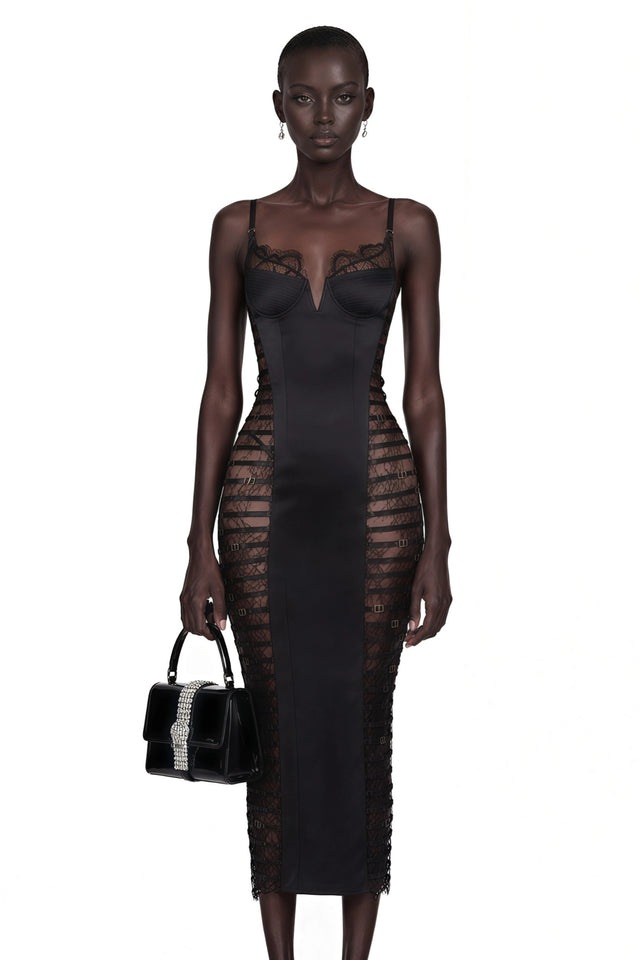 Melora Black Floral Lace SemiSheer Midi Dress