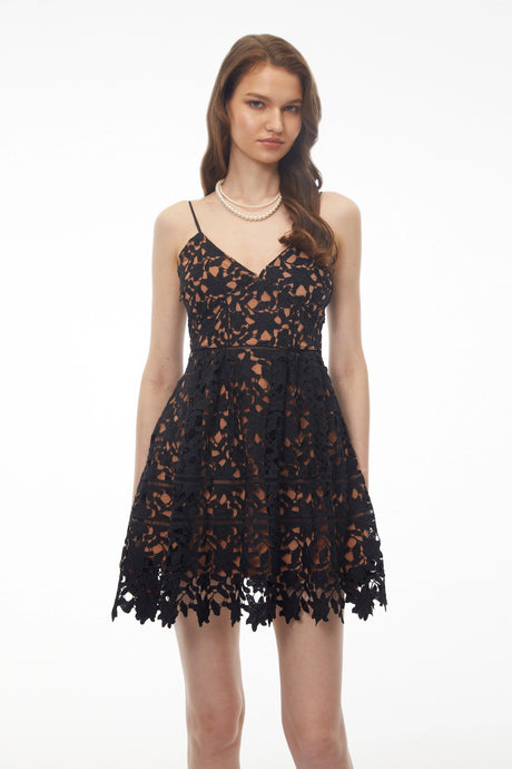 Meredith Black VNeck Floral Lace Mini Dress