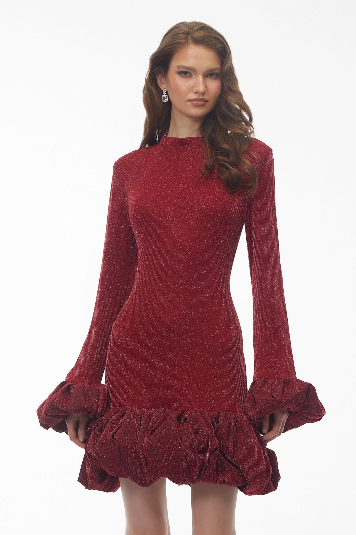 Meredith Red Long Sleeve Midi Dress with Ruffled Trim
