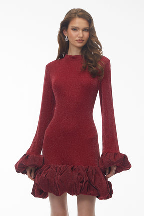 Meredith Red Long Sleeve Midi Dress with Ruffled Trim