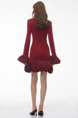 Meredith Red Long Sleeve Midi Dress with Ruffled Trim