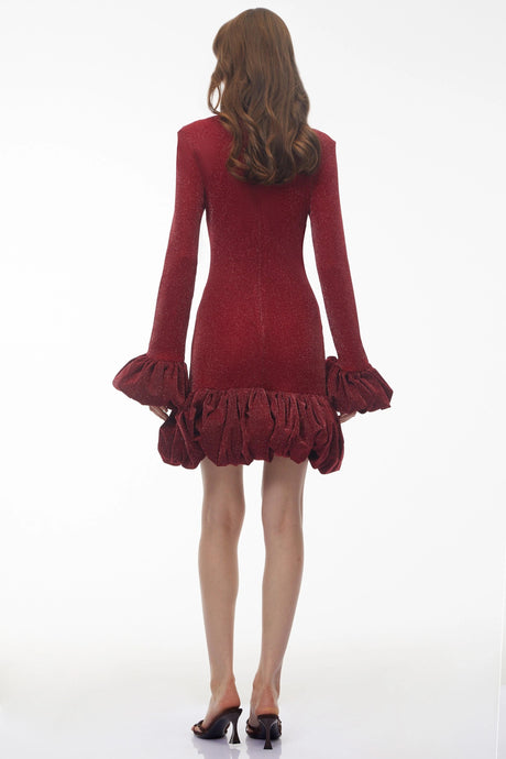 Meredith Red Long Sleeve Midi Dress with Ruffled Trim