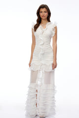 Meredith White VNeck Tiered Ruffled Maxi Dress