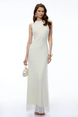 Merve Cream Cold Shoulder Embellished Maxi Dress