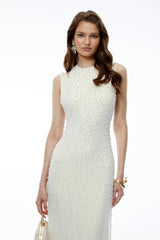 Merve Cream Cold Shoulder Embellished Maxi Dress