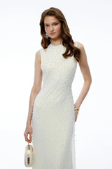 Merve Cream Cold Shoulder Embellished Maxi Dress