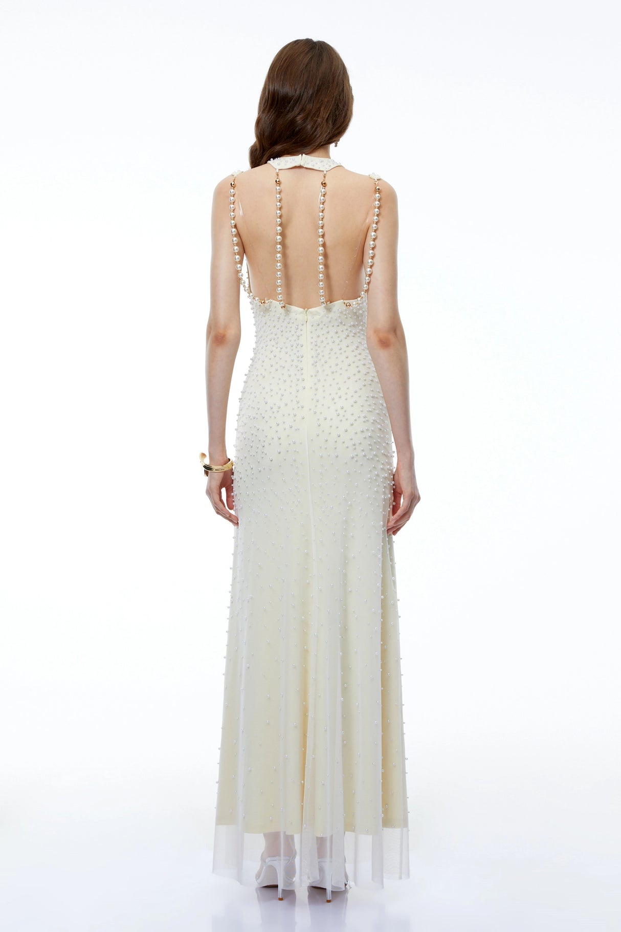Merve Cream Cold Shoulder Embellished Maxi Dress