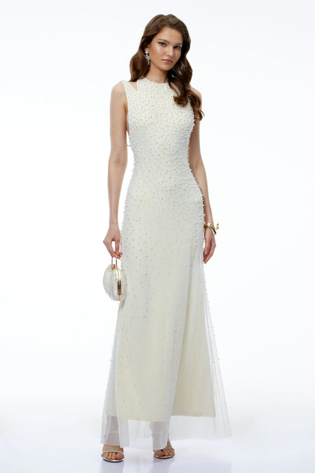 Merve Cream Cold Shoulder Embellished Maxi Dress