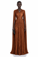 Merve Rust Brown Draped Ruched Maxi Dress