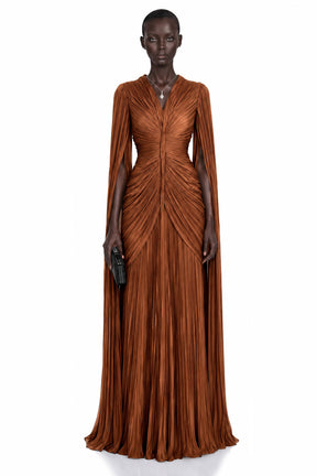 Merve Rust Brown Draped Ruched Maxi Dress