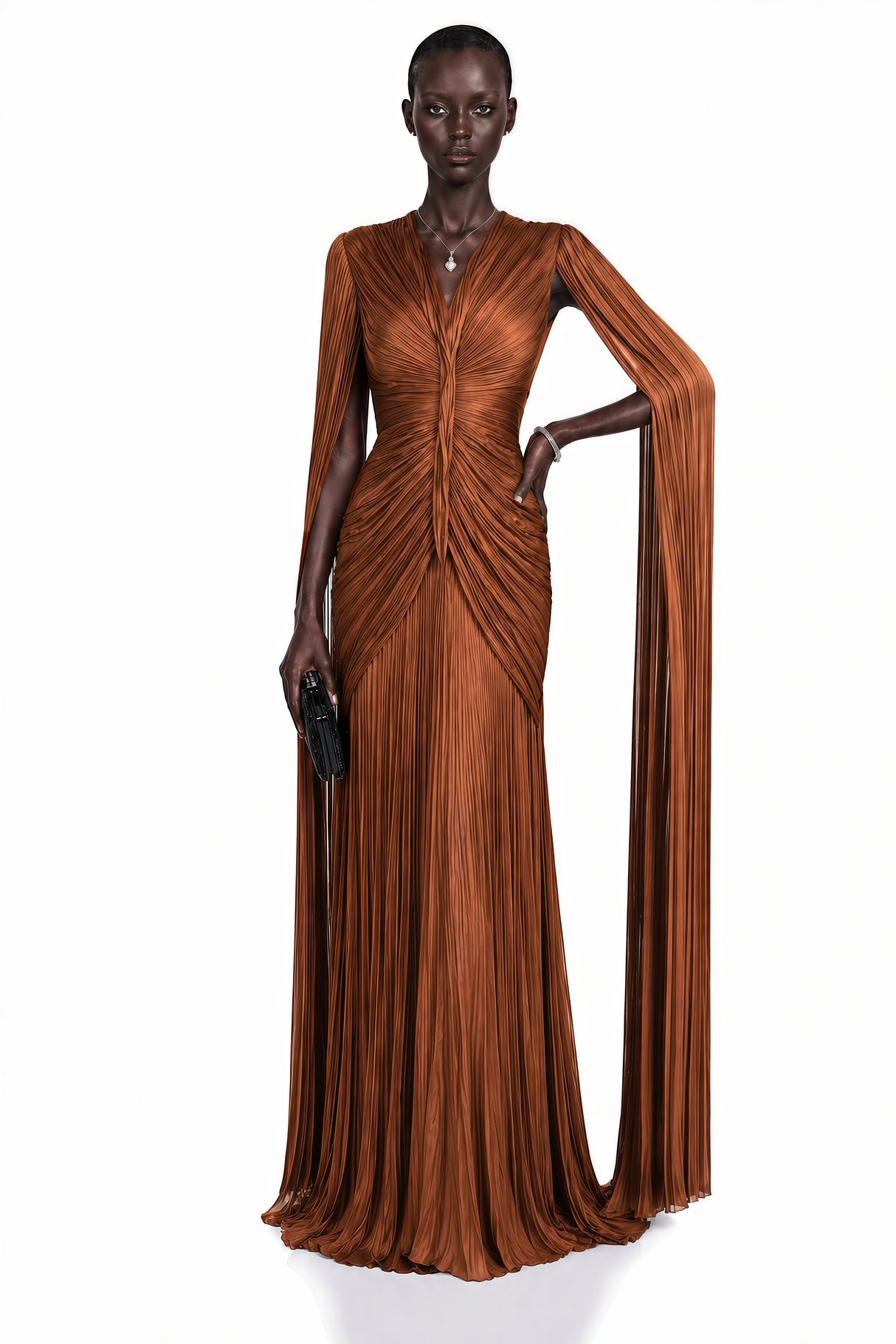 Merve Rust Brown Draped Ruched Maxi Dress