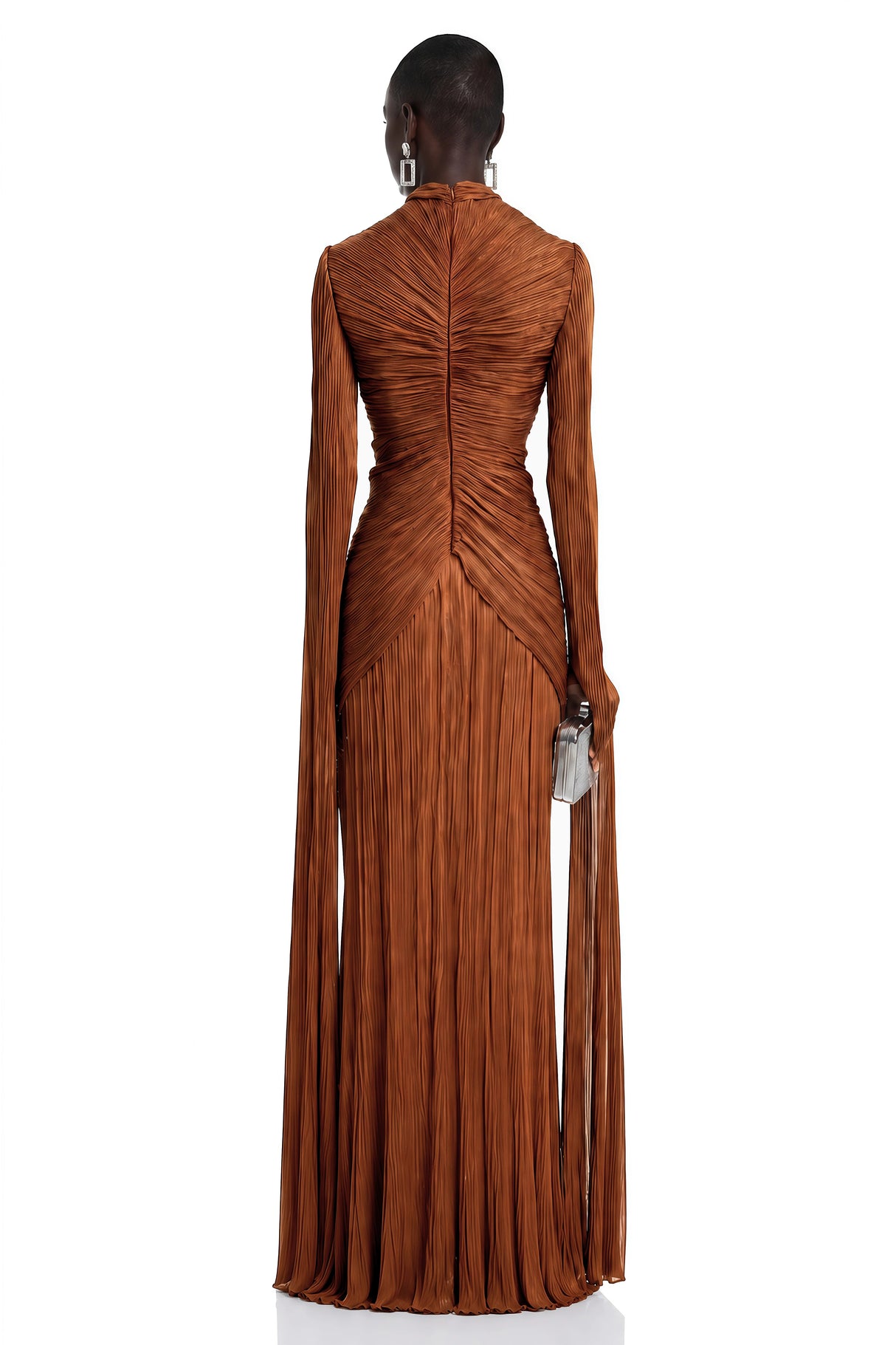 Merve Rust Brown Draped Ruched Maxi Dress