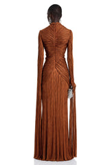 Merve Rust Brown Draped Ruched Maxi Dress
