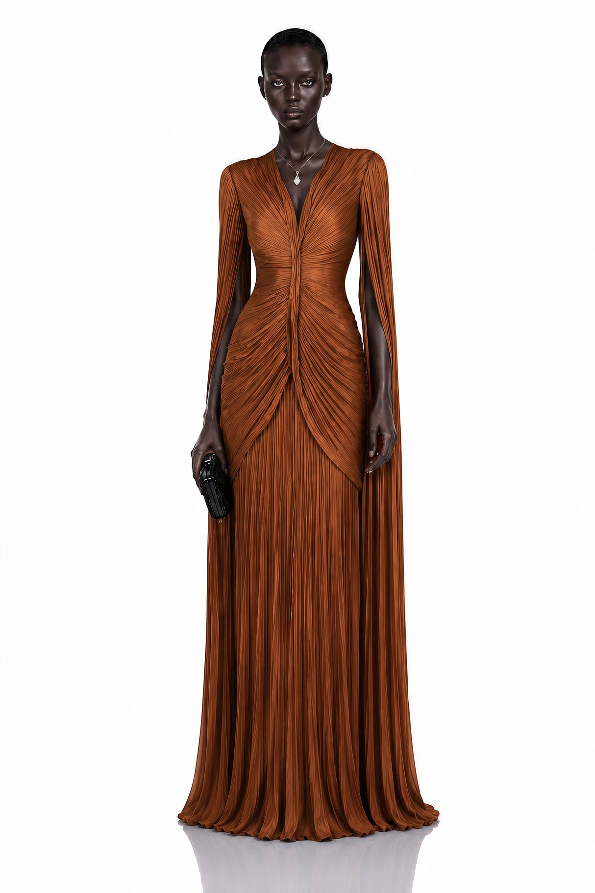 Merve Rust Brown Draped Ruched Maxi Dress